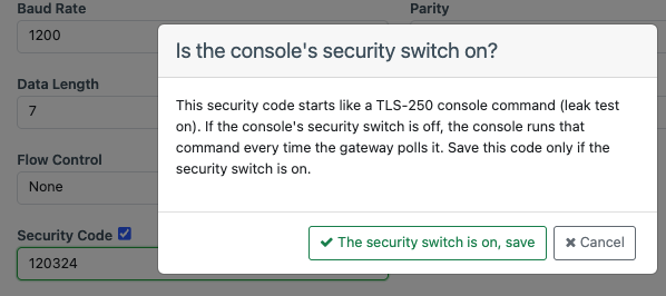 Confirmation asking whether the console’s security switch is on, shown over the gateway’s ATG settings as a new security code is saved