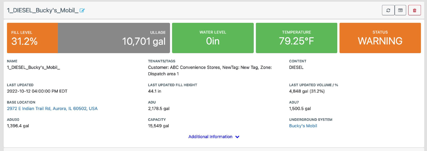 Underground Tank Monitoring interface screenshot